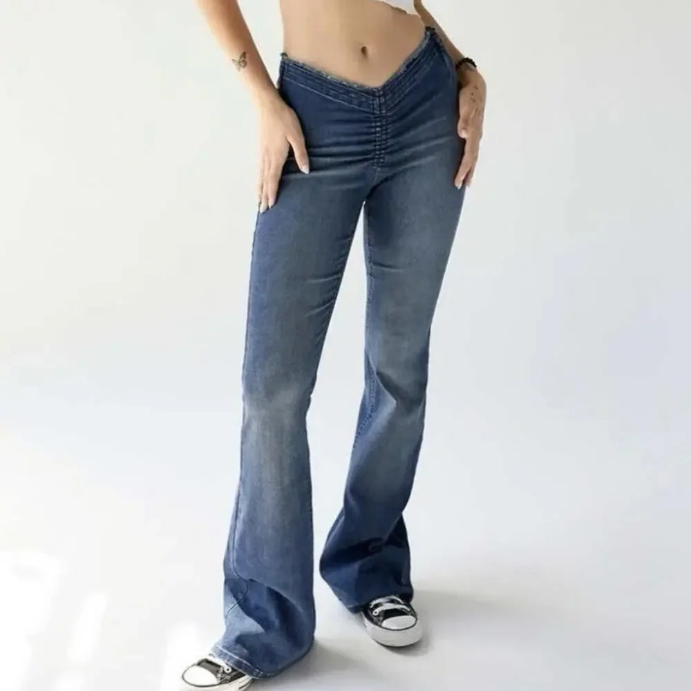 Urban Outfitters BDG Ruched Dipped V Flare Jeans Women’s 26 Blue Low Rise Y2K